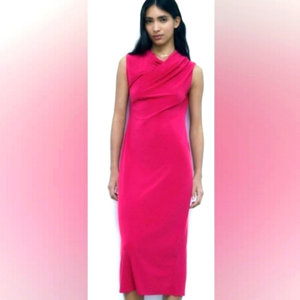 Zara Women's Fuchsia Colored, Draped Style Dress.  Size M